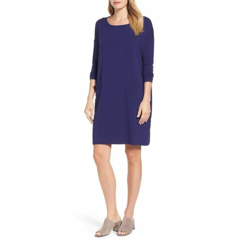 Eileen Fisher Viscose Jersey long sleeve shift dress - ultramarine purple MEDIUM